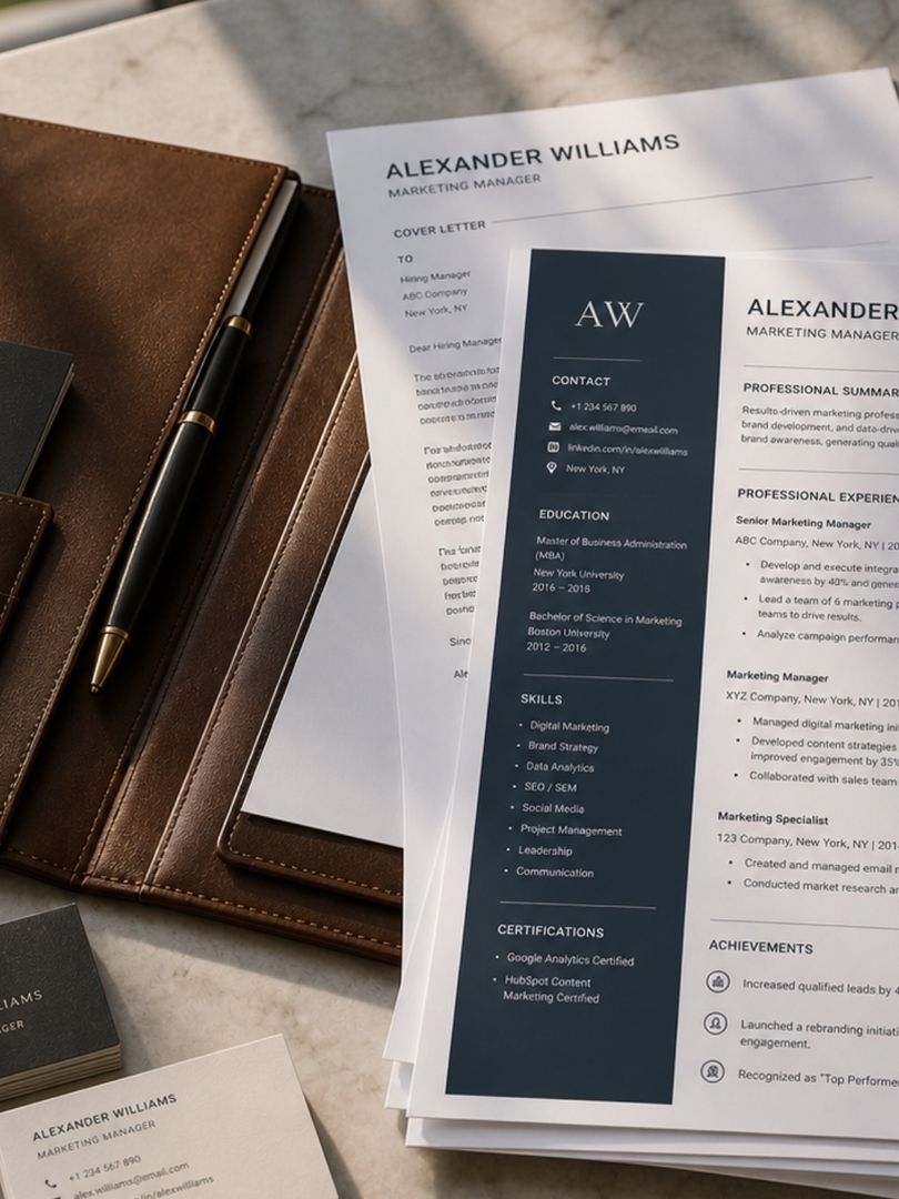 Professional CV and portfolio documents on a marble desk